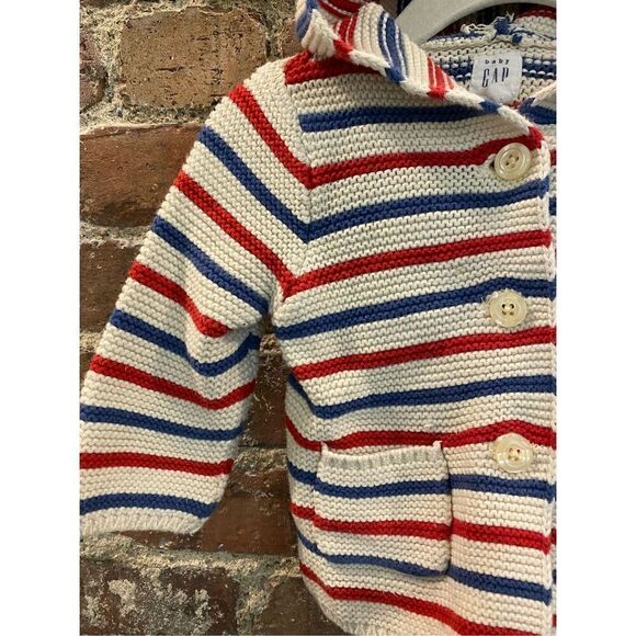 Baby GAP White/Blue/Red Striped Bear Ear Hooded Cardigan Sweater Baby Size 3-6 M - Picture 2 of 4